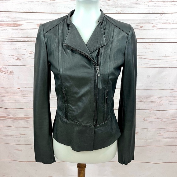 Zara Rare Genuine Lambskin Leather Asymmetrical Zip Peplum Moto Jacket - Picture 1 of 12